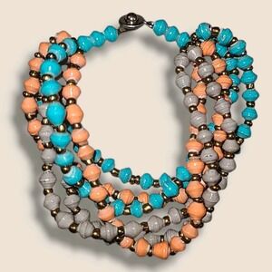 Vintage Recycled Paper Bead Multi Strand Bracelet 8"